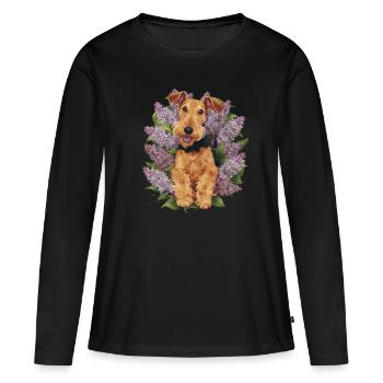 Mignon Airedale Terrier avec lilas - T-shirt manches longues Premium bio Femme - noir - Devant - Julia (174cm)