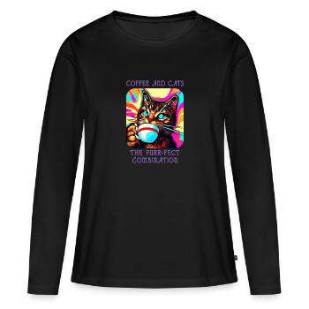 Crazy Catfeine: Café et chats en harmonie! - T-shirt manches longues Premium bio Femme - noir - Devant - Julia (174cm)