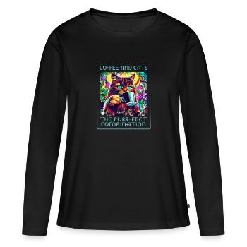 Café & chats : un mélange paradisiaque ! - T-shirt manches longues Premium bio Femme - noir - Devant - Julia (174cm)