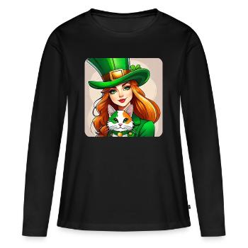 Leprechaun de la Saint-Patrick avec chat - T-shirt manches longues Premium bio Femme - noir - Devant - Julia (174cm)