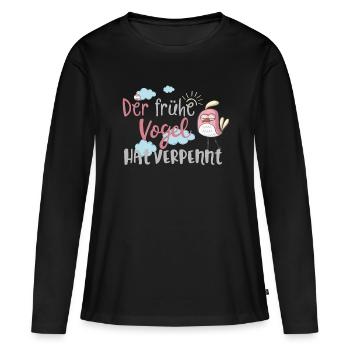 Morgenmuffel: Der frühe Vogel hat verpennt! - Frauen Premium Bio Langarmshirt - Schwarz - Vorne - Julia (174cm)