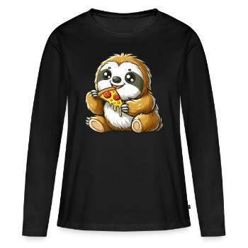 Cute Sloth Enjoys Pizza Cartoon - Women's Premium Organic Long Sleeve Shirt - black - Front - Julia (174cm)