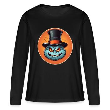 Citrouille d’Halloween souriante drôle avec chapeau haut de forme - T-shirt manches longues Premium bio Femme - noir - Devant - Julia (174cm)