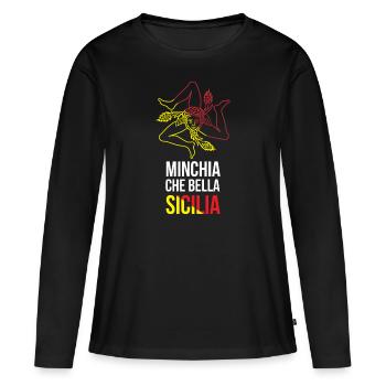 Trinacria Maglietta MINCHIA CHE BELLA Sicile - T-shirt manches longues Premium bio Femme - noir - Devant - Julia (174cm)