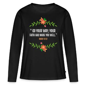 Verse de la Bible Marc 10 52 - T-shirt manches longues Premium bio Femme - noir - Devant - Julia (174cm)