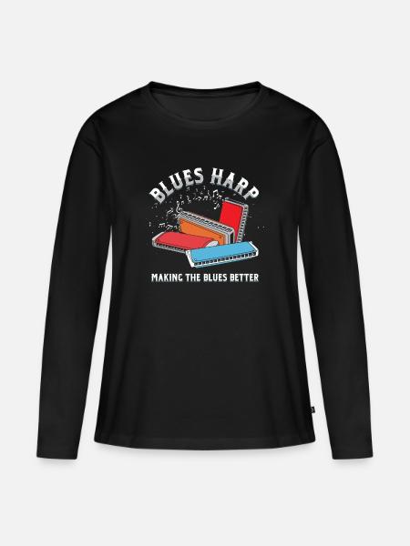 Blues Harp Mundharmonika Instrument Akustik Band Geschenk - Frauen Premium Bio Langarmshirt - Schwarz
