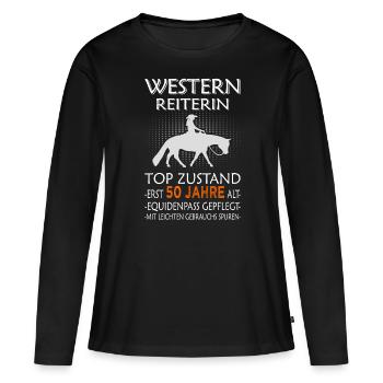 Westernreiterin & Pferd - 50. Geburtstag - Frauen Premium Bio Langarmshirt - Schwarz - Vorne - Julia (174cm)