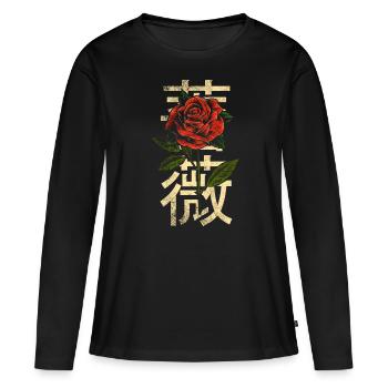 Rose avec des caractères japonais - T-shirt manches longues Premium bio Femme - noir - Devant - Julia (174cm)