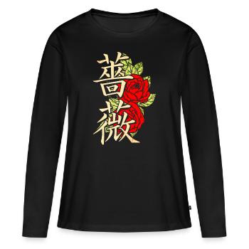 Rose avec caractères japonais - T-shirt manches longues Premium bio Femme - noir - Devant - Julia (174cm)