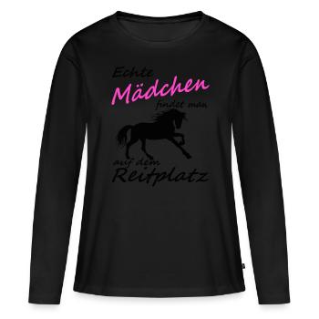 Echte Mädchen findet man auf dem Reitplatz, Pferde - Frauen Premium Bio Langarmshirt - Schwarz - Vorne - Julia (174cm)
