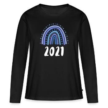 Arc-en-ciel bleu Année de naissance 2021 - T-shirt manches longues Premium bio Femme - noir - Devant - Julia (174cm)