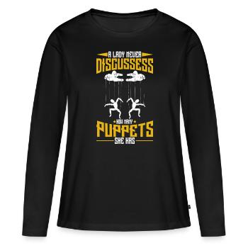 A lady never discussess how many puppets - Women's Premium Organic Long Sleeve Shirt - black - Front - Julia (174cm)