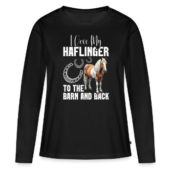 Haflinger à l’écurie et au dos du propriétaire de chevaux Equestrian - T-shirt manches longues Premium bio Femme - noir - Devant - Julia (174cm)