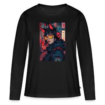 Otaku Streetwear Japon Cyberpunk Techwear Anime - T-shirt manches longues Premium bio Femme - noir - Devant - Julia (174cm)