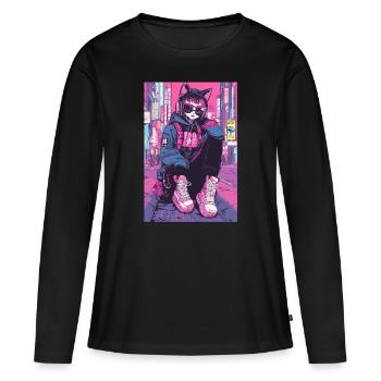 Otaku Streetwear Japon Cyberpunk Techwear Anime - T-shirt manches longues Premium bio Femme - noir - Devant - Julia (174cm)