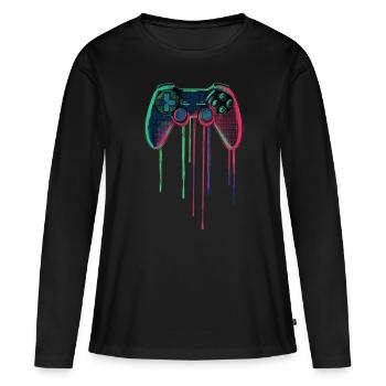 Manette de jeu rétro – Neon Gamer Design - T-shirt manches longues Premium bio Femme - noir - Devant - Julia (174cm)