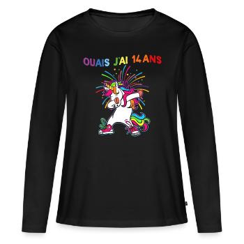 Licorne Ouais J'Ai 14 Ans Humour Anniversaire 14 - T-shirt manches longues Premium bio Femme - noir - Devant - Julia (174cm)