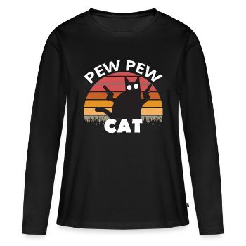 Pew Pew Funny Cat - Frauen Premium Bio Langarmshirt - Schwarz - Vorne - Julia (174cm)