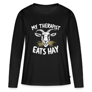 Humour de chèvre – Mon thérapeute mange du foin - T-shirt manches longues Premium bio Femme - noir - Devant - Julia (174cm)