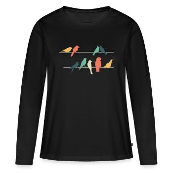 Bunte Vögel auf Drähten sitzend Niedlich Vogel - Frauen Premium Bio Langarmshirt - Schwarz - Vorne - Julia (174cm)