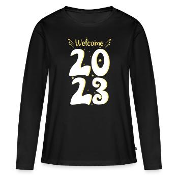 Bienvenue 2023 Bonne année Bonjour Nouvel An 2023 - T-shirt manches longues Premium bio Femme - noir - Devant - Julia (174cm)