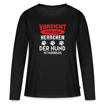 Vorsicht vor dem Herrchen der Hund ist Harmlos - Frauen Premium Bio Langarmshirt - Schwarz - Vorne - Julia (174cm)