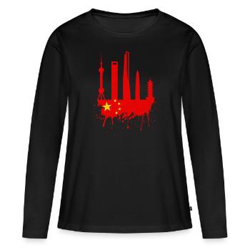 Shanghai Skyline drapeau chinois drapeau chinois - T-shirt manches longues Premium bio Femme - noir - Devant - Julia (174cm)