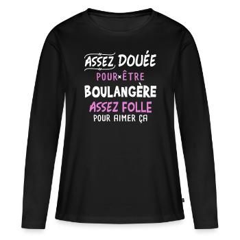 Boulangère humour métier femme, boulangerie humour - T-shirt manches longues Premium bio Femme - noir - Devant - Julia (174cm)