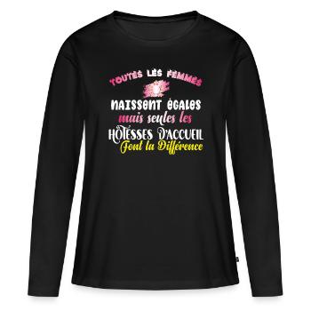 Cadeau hôtesse d'accueil, humour métier réception - T-shirt manches longues Premium bio Femme - noir - Devant - Julia (174cm)