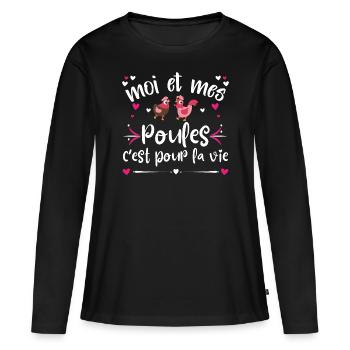 Poule, idée cadeau élevage de poules humour - T-shirt manches longues Premium bio Femme - noir - Devant - Julia (174cm)