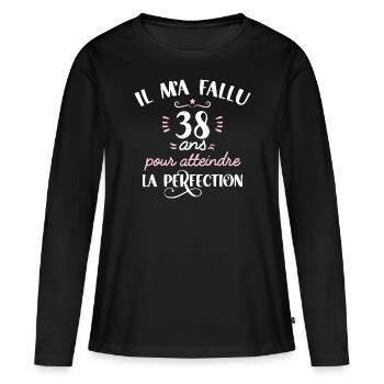 Anniversaire 38 ans, idée cadeau date de naissance - T-shirt manches longues Premium bio Femme - noir - Devant - Julia (174cm)