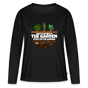 Gardener saying what happens in the garden - Women's Premium Organic Long Sleeve Shirt - black - Front - Julia (174cm)