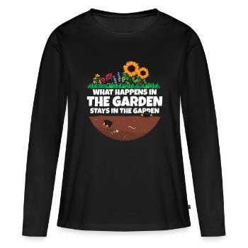 Gardener saying what happens in the garden - Women's Premium Organic Long Sleeve Shirt - black - Front - Julia (174cm)