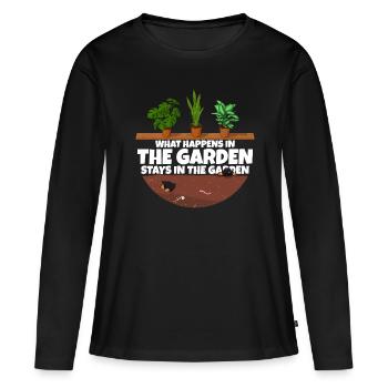 Gardener saying what happens in the garden - Women's Premium Organic Long Sleeve Shirt - black - Front - Julia (174cm)