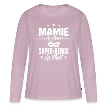 Mamie le jour super héros la nuit, Cadeau mamie - T-shirt manches longues Premium bio Femme - rose poudré - Devant - Julia (174cm)