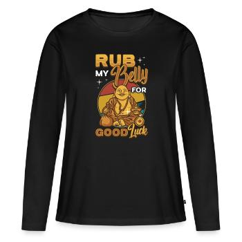 Frotte mon ventre pour la chance, drôle de Bouddha - T-shirt manches longues Premium bio Femme - noir - Devant - Julia (174cm)
