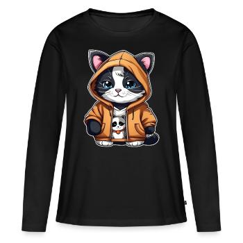 Chat cool avec sweat à capuche - T-shirt manches longues Premium bio Femme - noir - Devant - Julia (174cm)