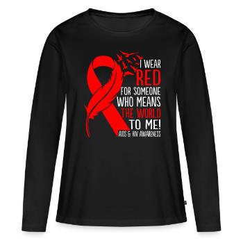 Je porte du rouge pour quelqu’un VIH Prévention Sida - T-shirt manches longues Premium bio Femme - noir - Devant - Julia (174cm)