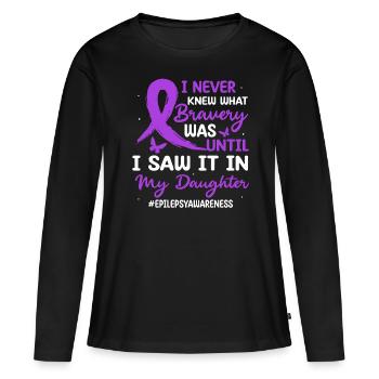 Je n’ai jamais su ce qu’était la bravoure du ruban violet - T-shirt manches longues Premium bio Femme - noir - Devant - Julia (174cm)