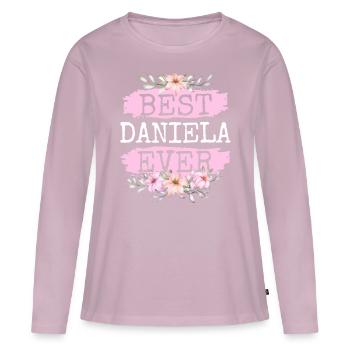 Daniela Nom du cadeau Anniversaire - T-shirt manches longues Premium bio Femme - rose poudré - Devant - Julia (174cm)