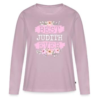 Judith Nom du cadeau Anniversaire - T-shirt manches longues Premium bio Femme - rose poudré - Devant - Julia (174cm)