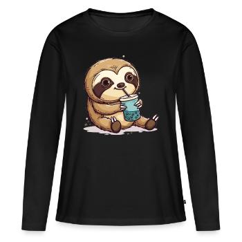 Kawaii Sloth Drinking Bubble Tea Boba Anime Cute - Frauen Premium Bio Langarmshirt - Schwarz - Vorne - Julia (174cm)