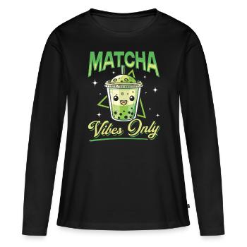 Matcha Green Tea Latte Matcha Vibes Only - Frauen Premium Bio Langarmshirt - Schwarz - Vorne - Julia (174cm)