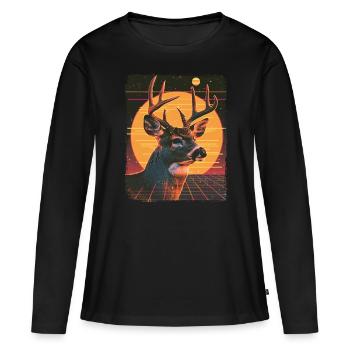 Retro 80er Jahre Neon Cool Hirsch Tier Vintage Rentier - Frauen Premium Bio Langarmshirt - Schwarz - Vorne - Julia (174cm)