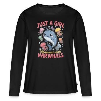 Narval Chibi Kawaii - T-shirt manches longues Premium bio Femme - noir - Devant - Julia (174cm)