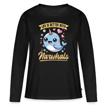 Narval Chibi Kawaii - T-shirt manches longues Premium bio Femme - noir - Devant - Julia (174cm)