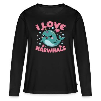 Narval Chibi Kawaii - T-shirt manches longues Premium bio Femme - noir - Devant - Julia (174cm)