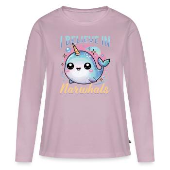 Narval Chibi Kawaii - T-shirt manches longues Premium bio Femme - rose poudré - Devant - Julia (174cm)