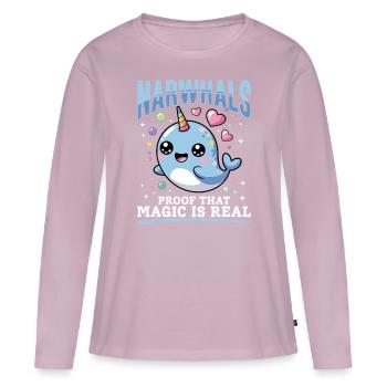 Narval Chibi Kawaii - T-shirt manches longues Premium bio Femme - rose poudré - Devant - Julia (174cm)
