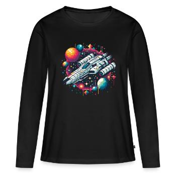 RAUMSCHIFF RETRO JET PIXEL PLANET WELTALL GALAXIS - Frauen Premium Bio Langarmshirt - Schwarz - Vorne - Julia (174cm)
